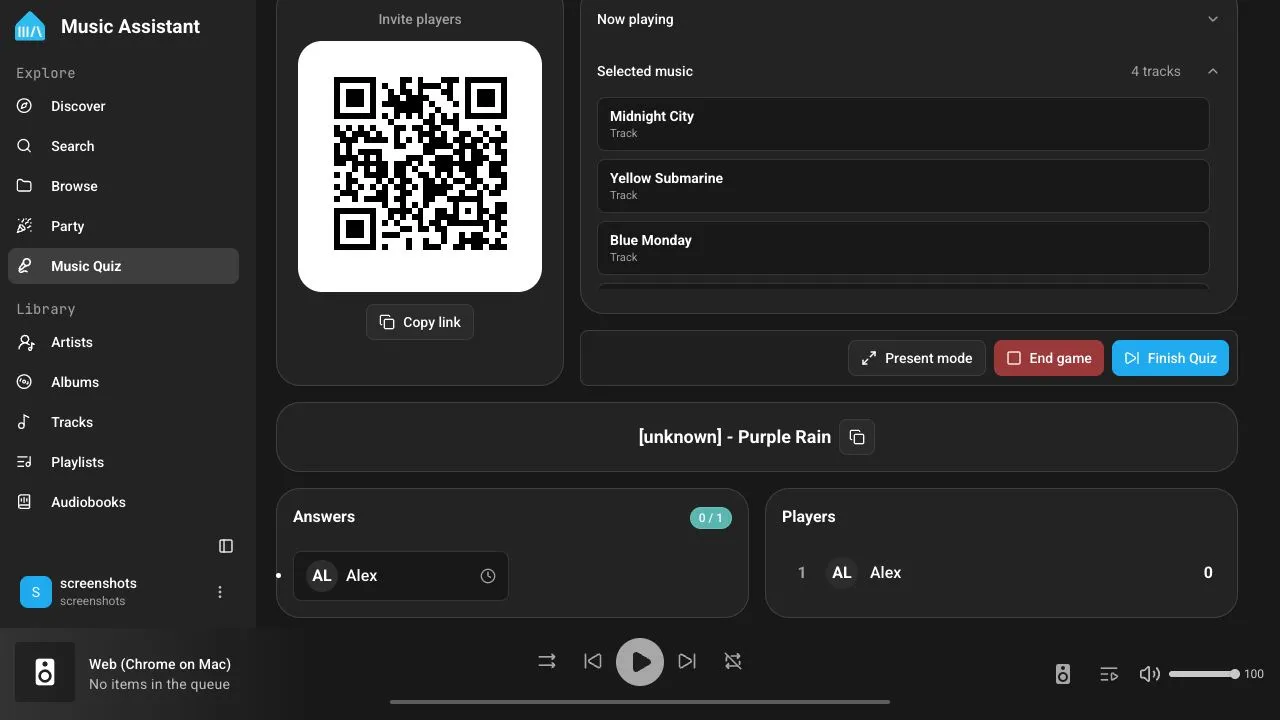 The host dashboard showing a revealed answer, player progress, and leaderboard