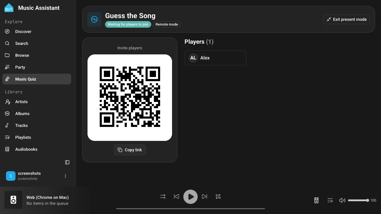 Music Quiz Present mode lobby with its join QR code and player list